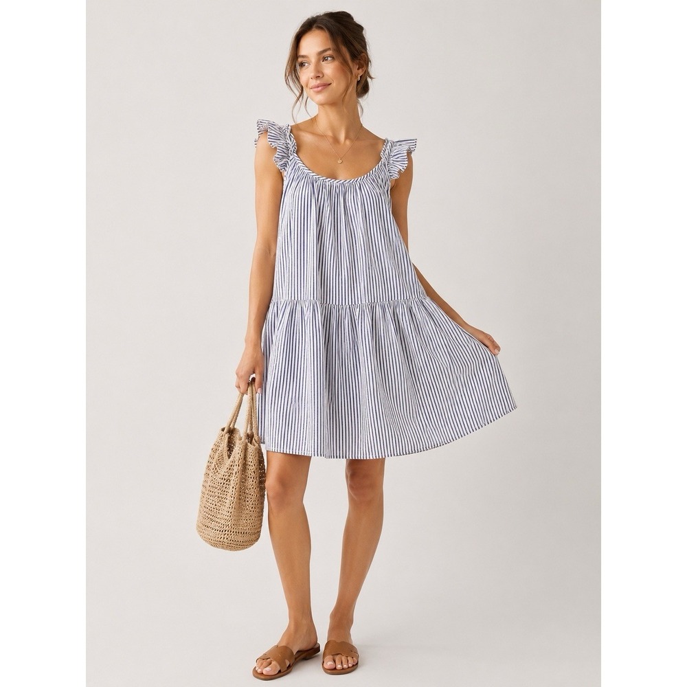 Apiece Apart Cotton Stripe Babydoll Dress Blue White Coastal Size L Worn